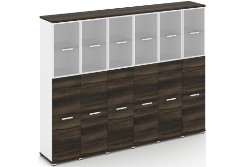 Шкаф шесть узких секций 5 ниш (6 фасадов ЛДСП, 3 ниши + 6 фасадов стекло белое матовое в раме, 2 ниши) Динен, цвет дуб мали-белый