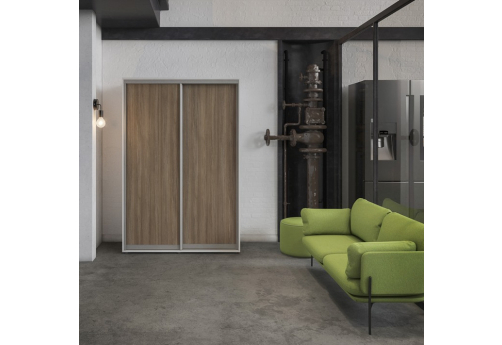 Шкаф-купе высокий с полками и штангой с задней стенкой ЛДСП Индиго Вуд, цвет темный дуб