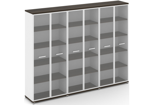 Шкаф три широкие секции 5 ниш (6 фасадов стекло прозрачное в раме, 5 ниш) Динен, цвет дуб мали-белый