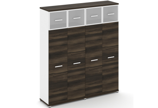 Шкаф две широкие секции 5 ниш (4 фасада ЛДСП, 4 ниши + 4 фасада стекло белое матовое в раме, 1 ниша) Динен, цвет дуб мали-белый