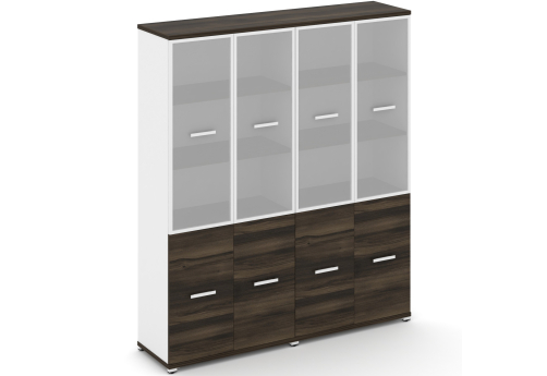 Шкаф две широкие секции 5 ниш (4 фасада ЛДСП, 2 ниши + 4 фасада стекло белое матовое в раме, 3 ниши) Динен, цвет дуб мали-белый