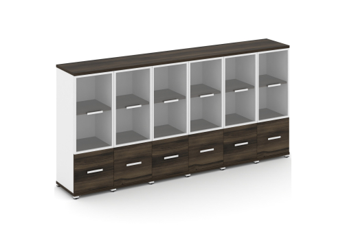 Шкаф шесть узких секций 3 ниши (6 фасадов ЛДСП, 1 ниша + 6 фасадов стекло прозрачное в раме, 2 ниши) Динен, цвет дуб мали-белый