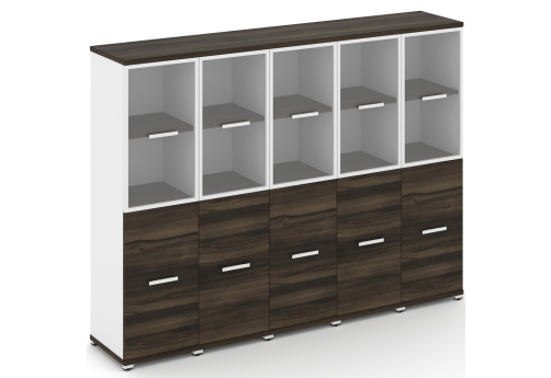 Шкаф пять узких секций 4 ниши (5 фасадов ЛДСП, 2 ниши + 5 фасадов стекло прозрачное в раме, 2 ниши) Динен, цвет дуб мали-белый