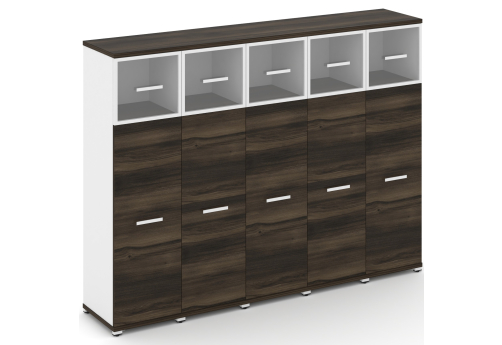 Шкаф пять узких секций 4 ниши (5 фасадов ЛДСП, 3 ниши + 5 фасадов стекло прозрачное в раме, 1 ниша) Динен, цвет дуб мали-белый