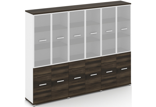 Шкаф три широкие секции 5 ниш (6 фасадов ЛДСП, 2 ниши + 6 фасадов стекло белое матовое в раме, 3 ниши) Динен, цвет дуб мали-белый