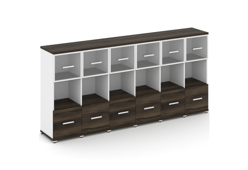 Шкаф шесть узких секций 3 ниши (6 фасадов ЛДСП, 1 ниши + 6 фасадов стекло прозрачное в раме, 1 ниша) Динен, цвет дуб мали-белый