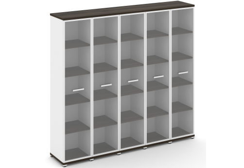 Шкаф пять узких секций 5 ниш (5 фасадов стекло прозрачное в раме, 5 ниш) Динен, цвет дуб мали-белый