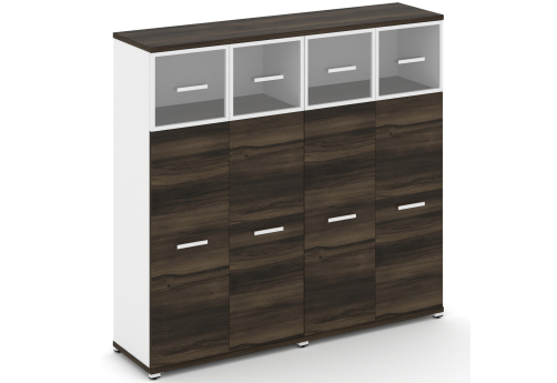 Шкаф две широкие секции 4 ниши (4 фасада ЛДСП, 3 ниши + 4 фасада стекло прозрачное в раме, 1 ниша) Динен, цвет дуб мали-белый