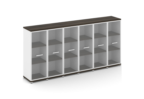 Шкаф шесть узких секций 3 ниши (6 фасадов стекло прозрачное в раме, 3 ниши) Динен, цвет дуб мали-белый