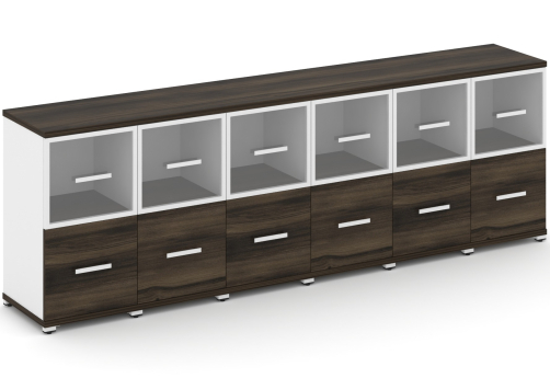 Шкаф шесть узких секций 2 ниши (6 фасадов ЛДСП, 1 ниша + 6 фасадов стекло прозрачное в раме, 1 ниша) Динен, цвет дуб мали-белый