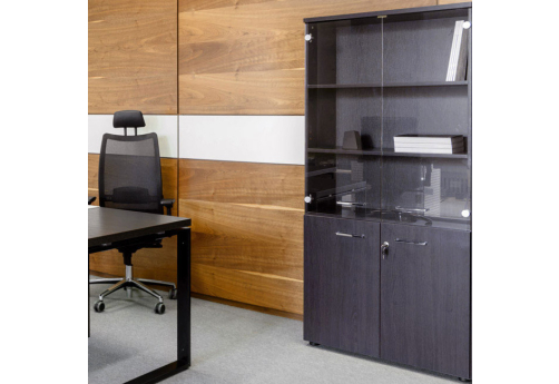 Шкаф высокий широкий (3 полки под стеклом) Фортис, цвет венге