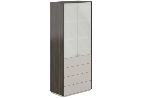 Шкаф высокий с матовым стеклом 4 ящика Дания, цвет брэнсон трюфель + серый камень