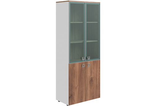 Шкаф высокий широкий (3 полки под стеклом) Пальмира, цвет орех бренди + белый