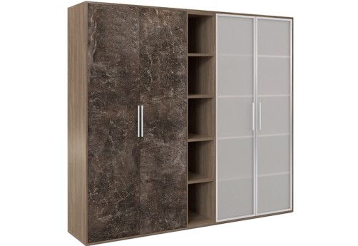 Шкаф высокий 4 створки, с нишей (со стеклом) Супер Т, цвет вяз + бетон темный