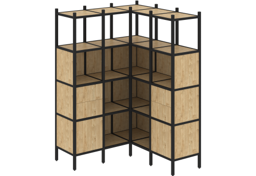 Стеллаж угловой внутренний вариант 33 Европа, цвет тиквуд светлый + черный