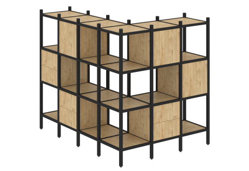 Стеллаж угловой внешний вариант 52 Европа, цвет тиквуд светлый + черный