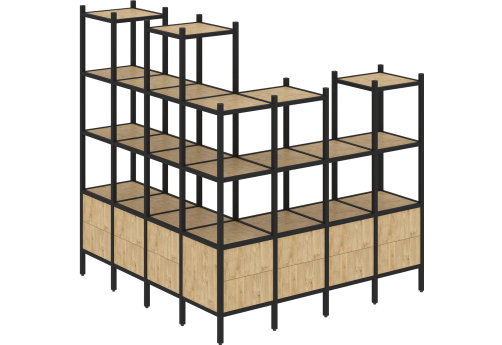 Стеллаж угловой внешний вариант 55 Европа, цвет тиквуд светлый + черный