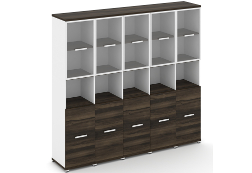 Шкаф пять узких секции 5 ниш (5 фасадов ЛДСП, 2 ниши + 5 фасадов стекло прозрачное в раме, 2 ниши) Динен, цвет дуб мали-белый