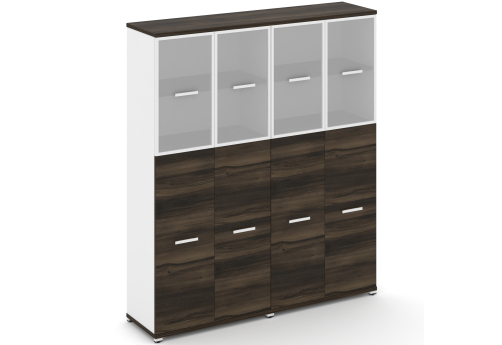 Шкаф две широкие секции 5 ниш (4 фасада ЛДСП, 3 ниши + 4 фасада стекло белое матовое в раме, 2 ниши) Динен, цвет дуб мали-белый