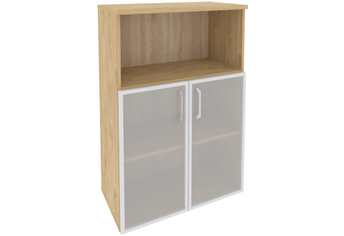 Шкаф средний широкий (1 открытая полка и 2 полки под стеклом в раме), цвет тиквуд светлый