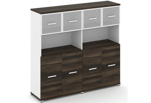 Шкаф две широкие секции 4 ниши (4 фасада ЛДСП, 2 ниши + 4 фасада стекло белое матовое в раме, 1 ниша) Динен, цвет дуб мали-белый