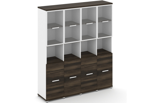 Шкаф четыре узкие секции 5 ниш (4 фасада ЛДСП, 2 ниши + 4 фасада стекло прозрачное в раме, 2 ниши) Динен, цвет дуб мали-белый