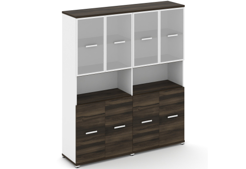 Шкаф две широкие секции 5 ниш (4 фасада ЛДСП, 2 ниши + 4 фасада стекло белое матовое в раме, 2 ниши) Динен, цвет дуб мали-белый