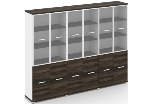 Шкаф три широкие секции 5 ниш (6 фасадов ЛДСП, 2 ниши + 6 фасадов стекло прозрачное в раме, 3 ниши) Динен, цвет дуб мали-белый