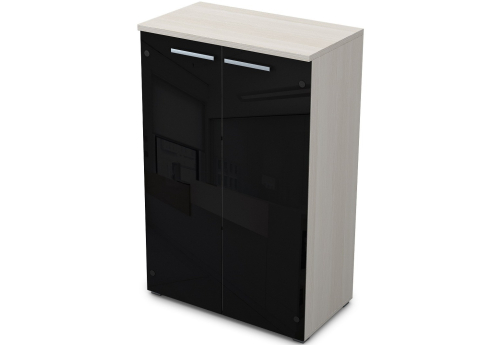 Шкаф средний со стеклом черный глянец Платинум Персонал, цвет слоновая кость