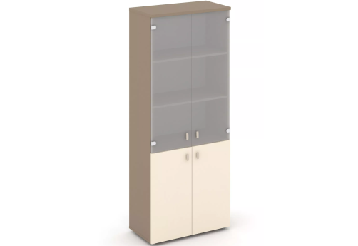 Шкаф высокий широкий (3 полки под стеклом), цвет латте + сатин