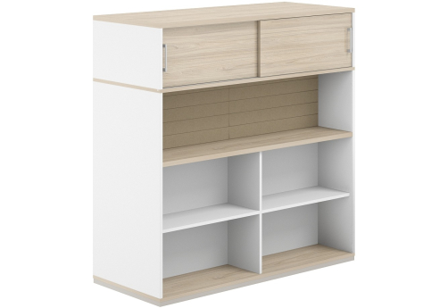 Стеллаж-комбо 2-сторонний с антресолью с экраном тканевым высоким Фламинго, цвет белый + акация + бежевый