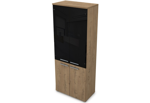 Шкаф высокий (3 полки под стеклом черный глянец) Платинум Персонал, цвет тиковое дерево