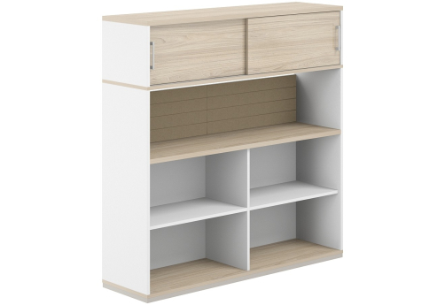 Стеллаж-комбо 1-сторонний с антресолью с экраном тканевым низким Фламинго, цвет белый + акация + бежевый