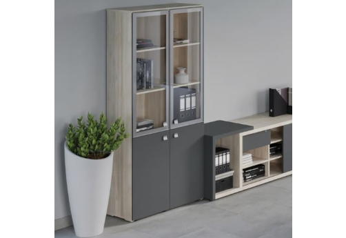 Шкаф для бумаг со стеклом Петра, цвет светлый дуб + антрацит