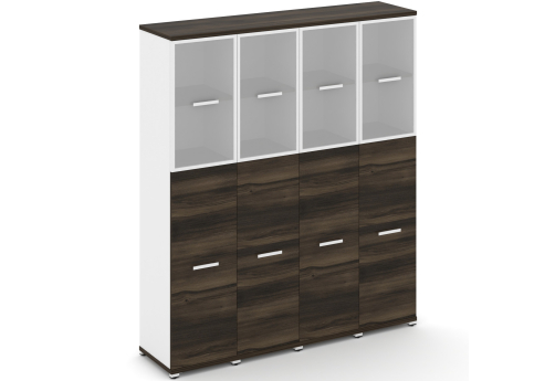 Шкаф четыре узкие секции 5 ниш (4 фасада ЛДСП, 3 ниши + 4 фасада стекло белое матовое в раме, 2 ниши) Динен, цвет дуб мали-белый