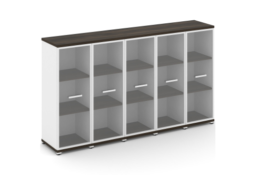 Шкаф пять узких секций 3 ниши (5 фасадов стекло прозрачное в раме, 3 ниши) Динен, цвет дуб мали-белый