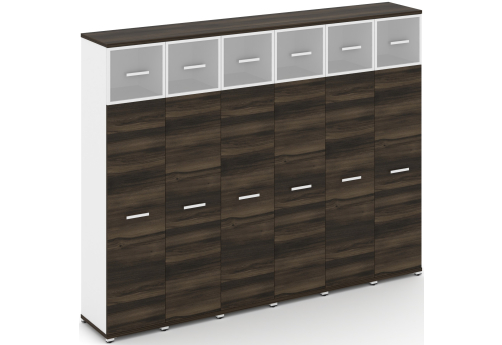 Шкаф шесть узких секций 5 ниш (6 фасадов ЛДСП, 4 ниши + 6 фасадов стекло белое матовое в раме, 1 ниша) Динен, цвет дуб мали-белый