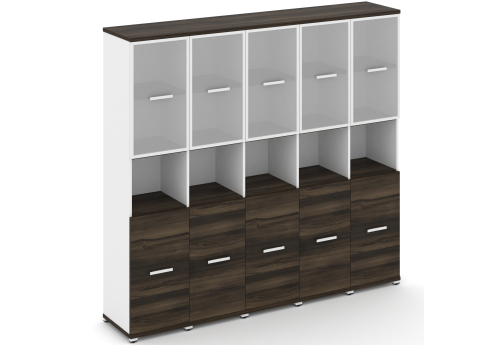 Шкаф пять узких секций 5 ниш (5 фасадов ЛДСП, 2 ниши + 5 фасадов стекло белое матовое в раме, 2 ниши) Динен, цвет дуб мали-белый