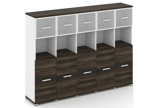 Шкаф пять узких секций 4 ниши (5 фасадов ЛДСП, 2 ниши + 5 фасадов стекло белое матовое в раме, 1 ниша) Динен, цвет дуб мали-белый