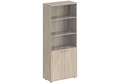 Шкаф высокий 4 двери со стеклом с задней стенкой ЛДСП Индиго Вуд, цвет дуб светлый