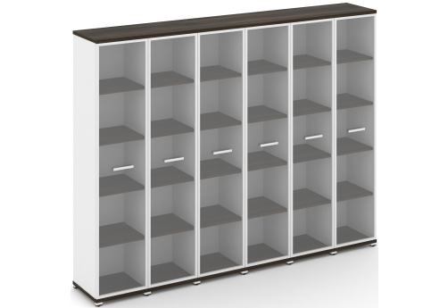 Шкаф шесть узких секций 5 ниш (6 фасадов стекло прозрачное в раме, 5 ниш) Динен, цвет дуб мали-белый