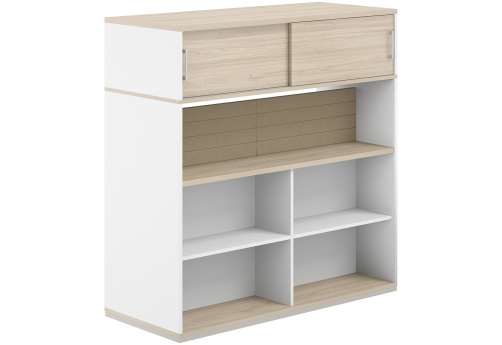 Стеллаж-комбо 2-сторонний с антресолью с экраном тканевым низким Фламинго, цвет белый + акация + бежевый