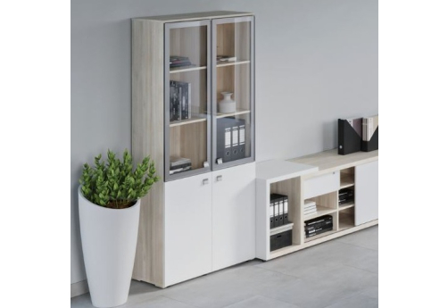 Шкаф для бумаг со стеклом Петра, цвет светлый дуб + белый