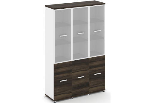 Шкаф три узкие секции 5 ниш (3 фасада ЛДСП, 2 ниши + 3 фасада стекло белое матовое, 3 ниши) Динен, цвет дуб мали-белый