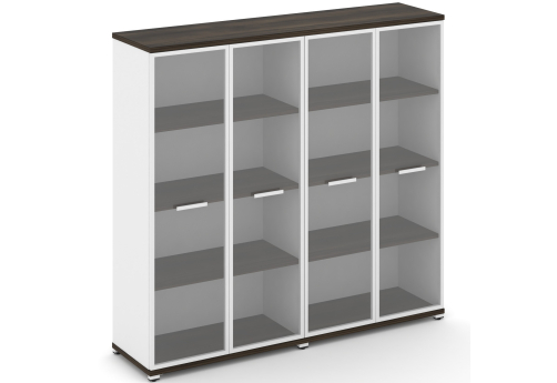 Шкаф две широкие секции 4 ниши (4 фасада стекло прозрачное в раме, 4 ниши) Динен, цвет дуб мали-белый