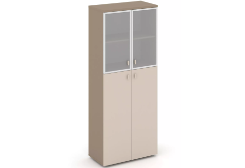 Шкаф высокий широкий (2 полки под стеклом в раме), цвет латте + капучино