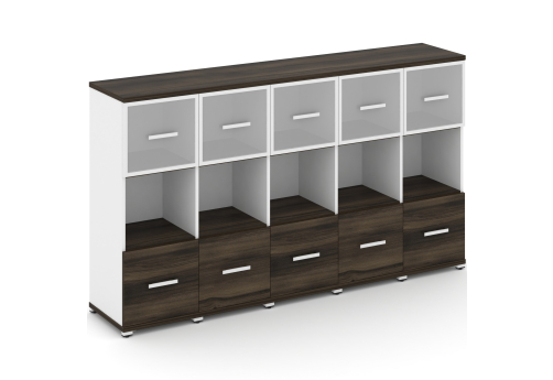 Шкаф пять узких секций 3 ниши (5 фасадов ЛДСП, 1 ниши + 5 фасадов стекло белое матовое в раме, 1 ниша) Динен, цвет дуб мали-белый