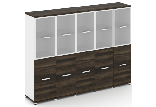 Шкаф пять узких секций 4 ниши (5 фасадов ЛДСП, 2 ниши + 5 фасадов стекло белое матовое в раме, 2 ниши) Динен, цвет дуб мали-белый