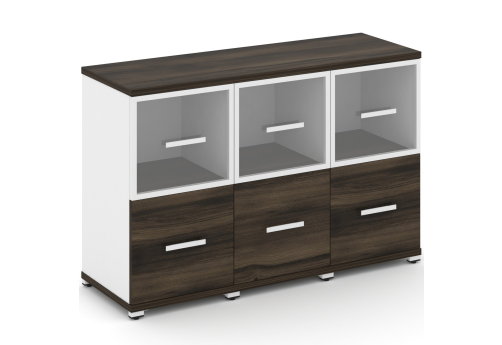 Шкаф три узкие секции 2 ниши (3 фасада ЛДСП, 1 ниша + 3 фасада стекло прозрачное в раме, 1 ниша) Динен, цвет дуб мали-белый