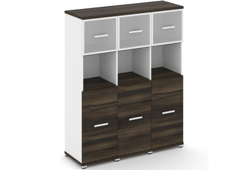 Шкаф три узкие секции 4 ниши (3 фасада ЛДСП, 2 ниши + 3 фасада стекло белое матовое в раме, 1 ниша) Динен, цвет дуб мали-белый